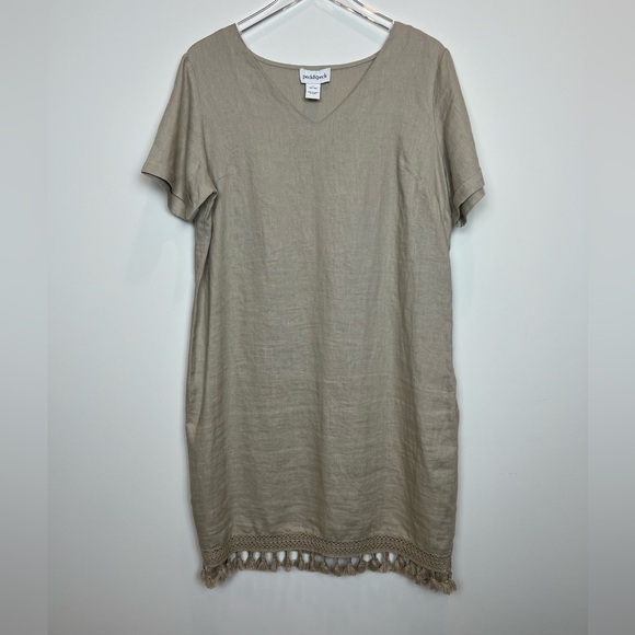 Peck & Peck Dresses & Skirts - Peck & Peck 100% Linen Dress, Tan V-Neck Tassel Trim Sz L Side Ziper